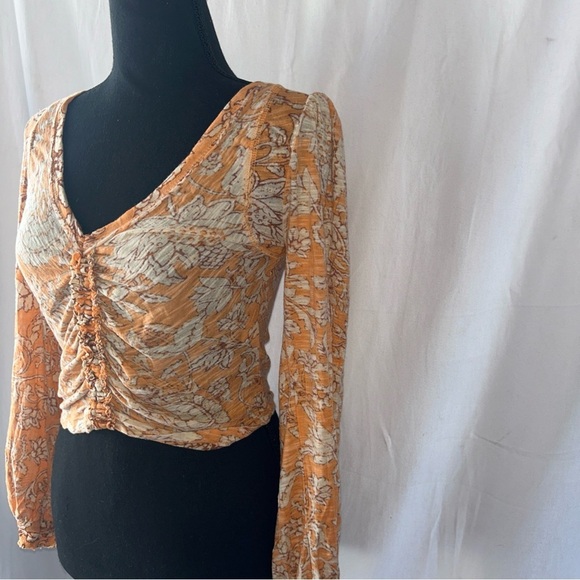 Free People Orange Patterned Ruched Blouse - Picture 4 of 10
